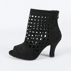 Women's Black Hollow-Out Ankle Dance Boots Peep Toe Back Zipper High Heel Salsa Tango Latin Ballroom Shoes PU Upper Suede Sole