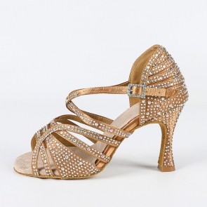 Women's Bronze Satin Rhinestone Latin Dance Shoes Cross-Strap Buckle High Heel Salsa Tango Ballroom Performance Sandals Suede