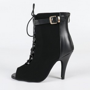 Women's Black PU Upper Ankle Dance Boots Peep Toe Lace-Up Cutout High Heel Latin Salsa Jazz Ballroom Booties Suede Sole Indoor