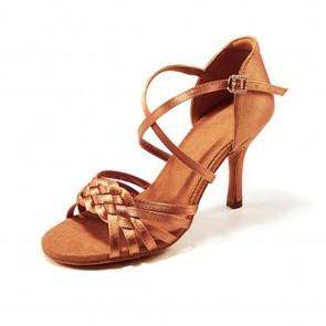 Womens Dark Tan Satin Braided Ballroom/Latin Dance Shoes Open-Toe Cross Ankle Strap High Heel Salsa Samba Competition