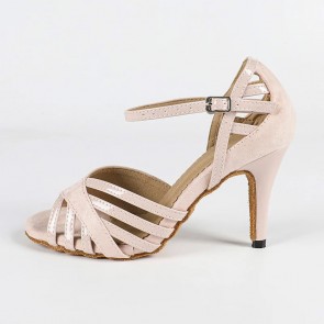 Womens Nude Pink Casual Cross-Strap Latin/Salsa/Rumba/Cha-Cha Dance Shoes Open-Toe Hollow-Back High Heel Suede Sole Indoor