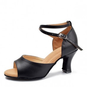 Women's Black PU Latin/Salsa Ballroom Dance Shoes Fish-Open-Toe Cross Ankle Strap Cuban Heel Suede Sole Medium Indoor Dancing
