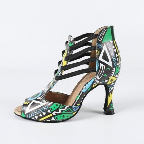 Ethnic Geometric Print Peep‑Toe Stiletto Latin Dance Shoes (Two colorways: green‑yellow‑blue tone, red‑yellow tone; suitable for Latin competitions and stage performances)