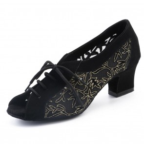 This professional women’s dance shoe features mesh with gold‑thread embroidery spliced with suede fabric. The block‑heel lace‑up peep‑toe design suits Latin dance, ballroom dance, modern dance for daily training and competitions.