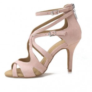 This professional women’s high‑heel dance sandal is made of misty nude‑pink suede‑like fabric. It adopts multi‑strap design with two buckles and a rear zipper, paired with stiletto heels and professional suede dance outsoles, suitable for Latin dance, sal