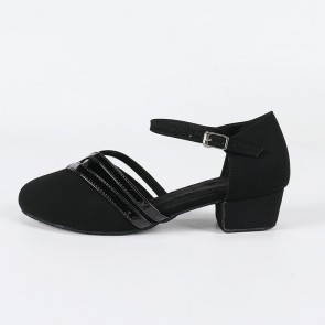 Black Matte Suede & Patent Leather Buckle Block-Heel Closed-Toe Professional Indoor Modern Ballroom Dance Shoes for Adult Women