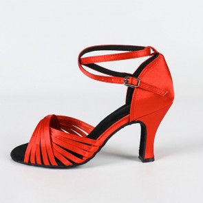 Bright Red Satin Multi-Strap Hollow Ankle-Buckle Mid-Heel Professional Indoor Latin Dance Shoes for Adult Women