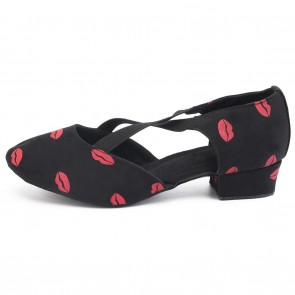 Lip-print Matte Fabric Crisscross Elastic Strap Low Block Heel Professional Indoor Women's Latin & Ballroom Dance Training Shoes