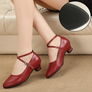 Multicolor Smooth Leather Dance Shoes with Cross Ankle Straps, Adjustable Buckle & Block Heel, Outdoor Striped Rubber Outsole, Dual-use for Modern Dance, Ballroom Dance, Latin Dance, Square Dance and Daily Wear for Women