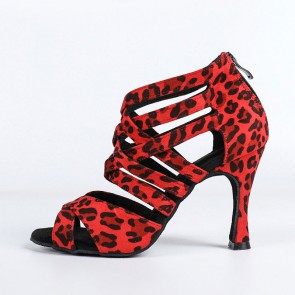 Women's Professional Latin & Ballroom Dance Shoes, Red Leopard Print Suede with Hollow Straps, Rear Zipper, Stiletto Heel and Indoor Suede Sole for Competition and Performance