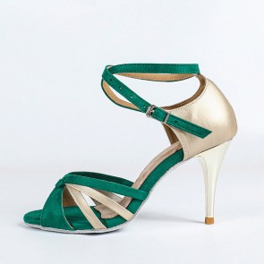 Women's Professional Latin Dance Shoes, Green-Gold Color-block Design, Suede & PU Upper, Buckle Ankle Strap, Electroplated Slim High Heel, Indoor Suede Sole for Competition, Performance & Training