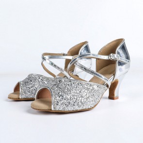 Women’s Professional Latin Dance Shoes, Silver Sequin & Mirror PU Upper, Crisscross Ankle Straps, Block Mid Heel, Peep-toe Design, Indoor Suede Outsole for Performance and Training