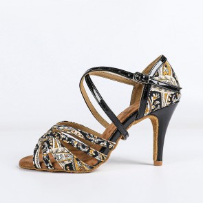 Women's Professional Latin Dance Shoes, Paisley Printed Fabric & Patent Leather Crisscross Ankle Straps, Stiletto High Heel, Peep‑toe Design, Indoor Suede Outsole for Training & Stage Performance