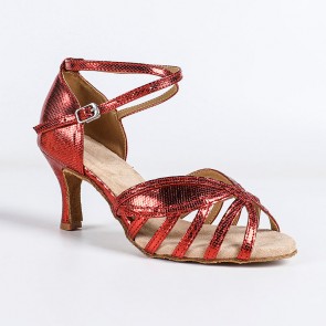 Women's Professional Latin Dance Shoes, Red Snake‑Skin Embossed Shiny PU Upper, Crisscross Wraparound Ankle Straps, Mid Heel, Hollow Peep‑toe, Indoor Suede Soft Outsole for Daily Training & Stage Performance