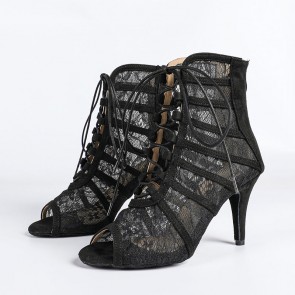 Women's Professional High-Top Latin Dance Ankle Boots, Black Lace Mesh Hollow Out Design, Front Lacing & Rear Zipper, Peep‑toe Stiletto Heel, Suede Soft Outsole for Indoor Dance Training & Stage Performance