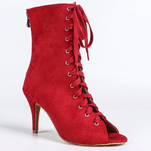 Women's Bright Red Faux Suede High-Top Latin Dance Ankle Boots, Peep‑toe Stiletto Heel, Front Lacing & Rear Zipper, Professional Suede Soft Outsole for Indoor Dance Training and Stage Performance