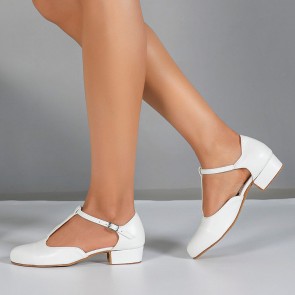 Women's Pure White T‑strap Buckle Block Low‑heel Hollow‑out Round‑toe Modern Dance Shoes with Indoor Suede Soft Sole, Professional Genuine Leather Ballroom Dance Footwear for Daily Training & Stage Performance