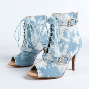 Women Tie‑Dye Washed Denim Peep‑Toe Stiletto High‑Top Dance Ankle Boots, Lace‑Up Double Metal Buckle & Rear Zipper Design, Professional Suede Outsole Footwear for Latin Dance, Jazz, Street Dance and Vintage‑Style Stage Performance