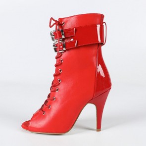 Red Open-Toe Double-Buckle Lace-Up Stiletto Dance Ankle Boots