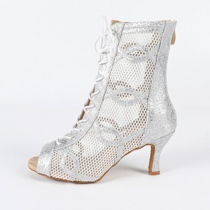 Silver Mesh Peep-toe Lace-up High-heel Latin Dance Ankle Boots