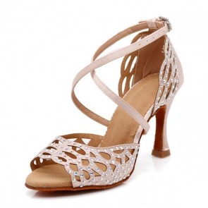 Nude Rhinestone Hollow-out Cross-strap High-heel Latin Dance Shoes