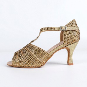 Gold Full Rhinestone T-strap Peep-toe High-heel Latin Dance Shoes