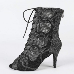 Black Glitter Mesh Lace-up Ankle-Boot Style High Heel Latin Dance Shoes