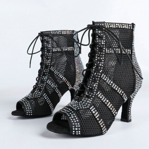 Mesh Rhinestone Peep-Toe Lace-Up High-Heel Latin Dance Ankle Boots