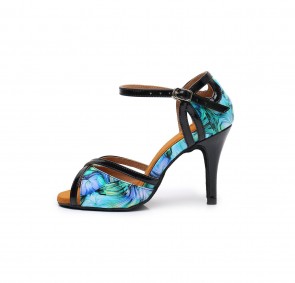 Blue‑Green Printed Patent Leather Stiletto Latin Dance Shoes