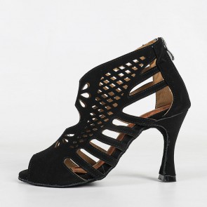 Black Suede Hollow-out Peep-Toe Back-Zip Latin Dance Booties