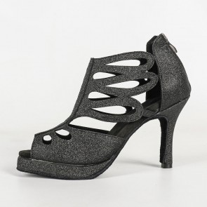 Black Glitter Hollow-out Platform Peep-Toe Back-Zip High-Heel Latin Dance Shoes