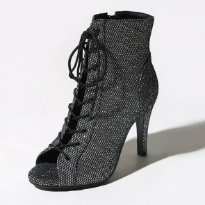 Glitter Peep‑Toe Lace‑Up Side‑Zipper Stiletto Ankle Latin Dance Boots