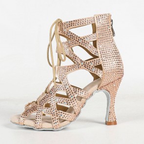 Champagne Full‑Rhinestone Front‑Lace High‑Top High‑Heel Professional Latin Dance Boots