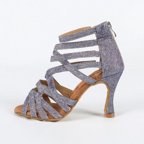 Iridescent Glitter Fabric Back‑Zipper Stiletto Professional Latin Dance Shoes