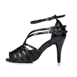 Black Patent Leather Multi‑Buckle Stiletto Professional Latin Dance Shoes