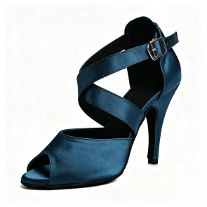 Navy Blue Satin Crisscross Strap Buckle Stiletto Latin Dance Shoes