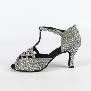 Rhinestone-Encrusted T-Strap Buckle Stiletto Latin Dance Shoes