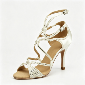 Satin Multi‑Strap Rhinestone Stiletto Latin Dance Wedding Shoes
