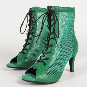 Green Mesh Lace‑Up Peep‑Toe Stiletto Latin Dance Ankle Boots