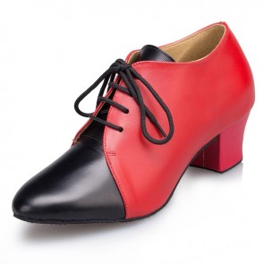 Women's Color-block Genuine Leather Lace-up Block Heel Professional Indoor Ballroom Latin Dance Shoes