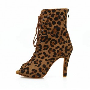 Women's Leopard Print High‑top Lace‑up Peep‑Toe Slim Heel Latin Dance Boots, Professional Indoor Dance Boots