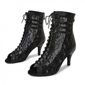 Women's Black Lace Mesh High‑top Lace‑up Peep‑Toe Slim Heel Dance Boots, Outdoor Rubber‑Sole Latin Dance Boots