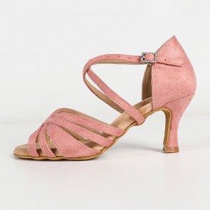 Women's Dusty‑Pink Suede Multi‑Crisscross Strap High‑Heel Latin Dance Shoes, Rhinestone Buckle Indoor Suede Sole Dance Sandals