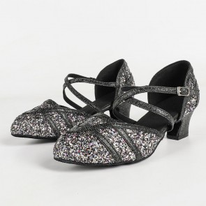 Women's Black Glitter Closed‑Toe Block‑Heel Modern Dance Shoes, Crisscross Buckle Indoor Dance Shoes