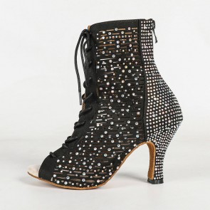 Women's Black Rhinestone High‑Top Dance Boots, Peep‑Toe Lace‑Up High‑Heel Latin Dance Boots, Indoor Suede Sole Dance Shoes