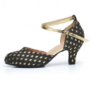 Women's Black‑Gold Printed Closed‑Toe Ballroom Dance Shoes, Golden Buckle Hollow Standard Dance High‑Heel Shoes, Outdoor Rubber Sole Dance Shoes