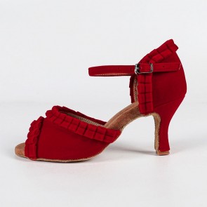 Women's Red Suede Ruffle Trim High‑Heel Professional Latin Dance Shoes
