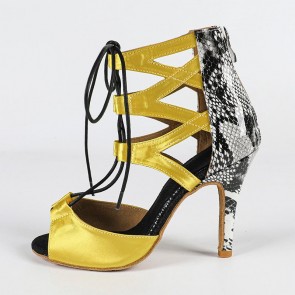 Women's Yellow Satin Snake‑Print Lace‑Up High‑Heel Professional Latin Dance Shoes