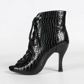 Women's Black Crocodile Patent High‑Top Latin Dance Boots Peep‑Toe Lace‑Up High Heels