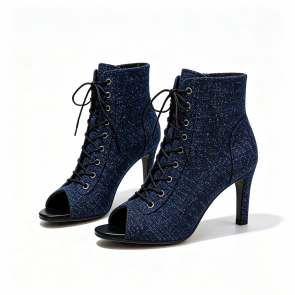 Women's Dark Blue Glitter Fabric High‑Top Latin Dance Boots Peep‑Toe Lace‑Up High Heels